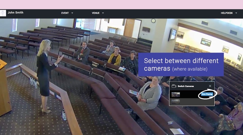 The OneRoom platform streaming a funeral service with a celebrant talking to guests at a funeral home