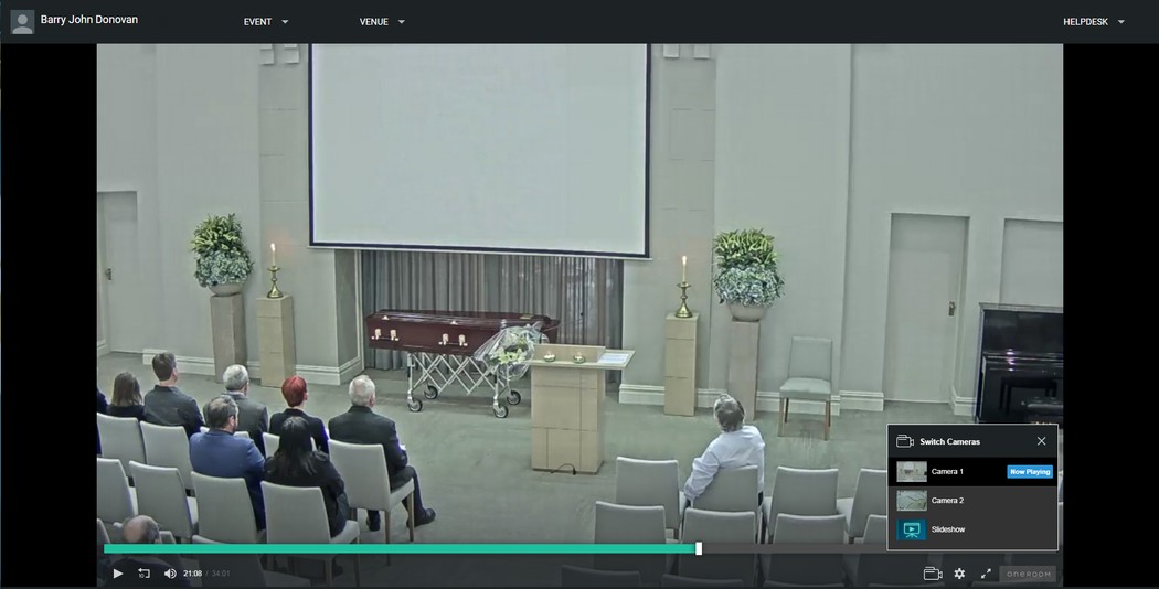 A funeral service stream on the OneRoom platform with different camera angel options on the OneRoom Platform