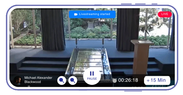A funeral live streaming service at a chapel viewed through a phone on the OneRoom App 